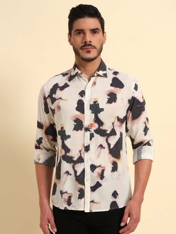 Cantabil - Men Cream Printed Breathable and Soft with Color Fastness Regular Fit Shirt