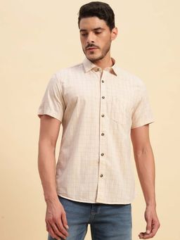 Cantabil - Men Beige Checked Breathable and Soft with Color Fastness Regular Fit Shirt