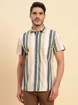 Cantabil - Men Green Stripes Breathable and Soft with Color Fastness Regular Fit Shirt