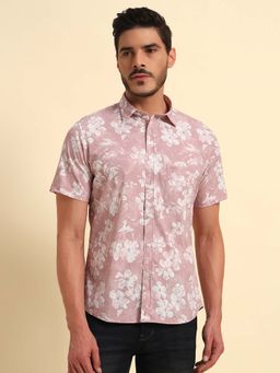 Cantabil - Men Peach Floral Breathable and Soft with Color Fastness Regular Fit Shirt