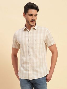 Cantabil - Men Cream Checked Breathable and Soft with Color Fastness Regular Fit Shirt
