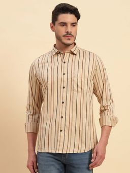 Cantabil - Men Beige Stripes Breathable and Soft with Color Fastness Regular Fit Shirt