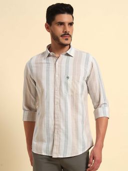 Cantabil - Men Beige Stripes Breathable and Soft with Color Fastness Regular Fit Shirt