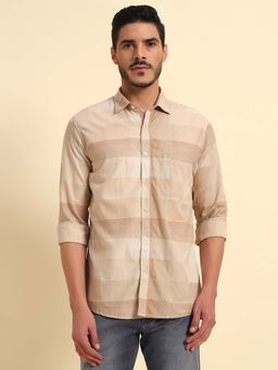 Cantabil - Men Beige Checked Breathable and Soft with Color Fastness Regular Fit Shirt