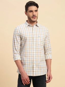 Cantabil - Men Cream Checked Breathable and Soft with Color Fastness Regular Fit Shirt