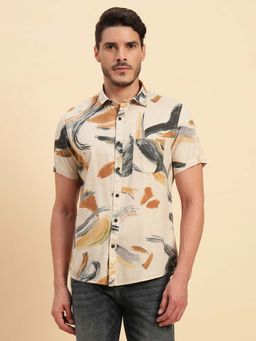 Cantabil - Men Cream Printed Breathable and Soft with Color Fastness Regular Fit Shirt