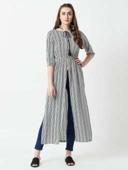 Miss Chase - Women's Black and White Round Neck 3/4 Sleeve Striped Tassel Tie-Up Maxi Top