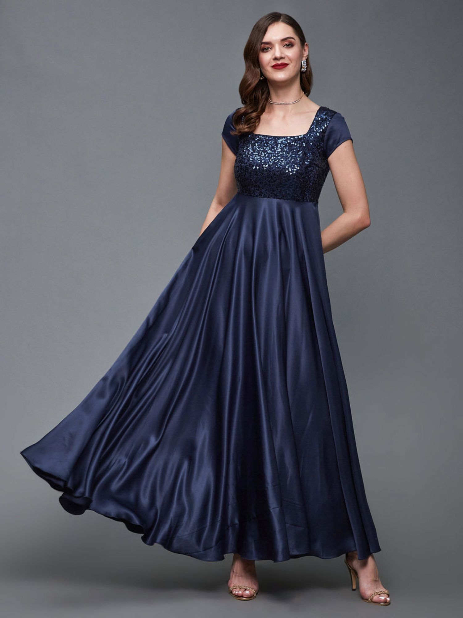 miss chase Women's Navy Blue Short Sleeve Embellished Fit and Flare Maxi Party Dress-picture-27