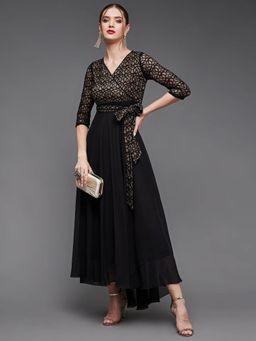 Miss Chase - Black Self Designed Relaxed Fit V-Neck Sleeve Georgette and Lace Maxi Dress