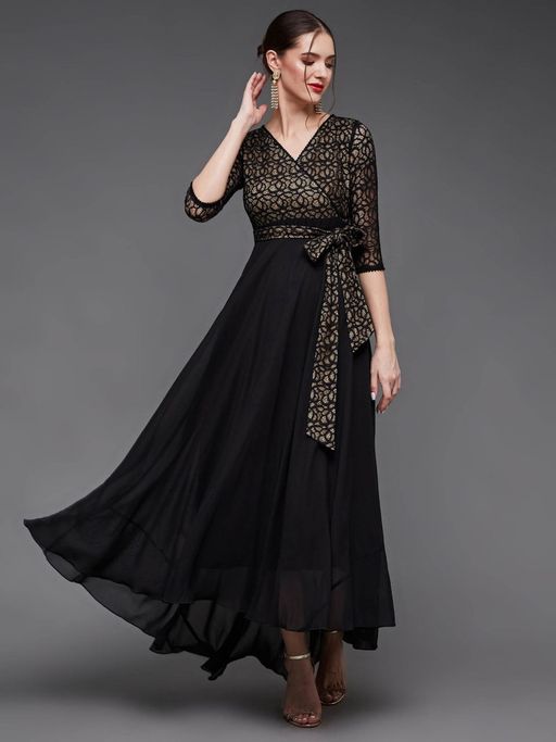 Buy Miss Chase Women's Black Relaxed Fit V-Neck 3/4th Sleeve Laced Maxi  Party Dress Online
