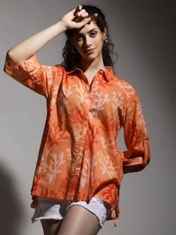 Dora Dori - Coral Shirt Collar Floral Printed Pure Cotton Top