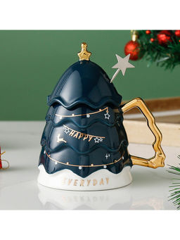 Little Surprise Box - Ceramic Blue Christmas Mug with Lid & Embellished Spoon -330 ml