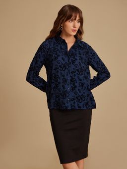 Kazo - Women Navy Blue Floral Printed Regular Fit Casual Shirt