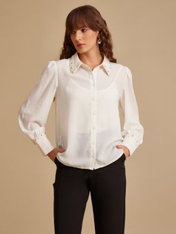 Kazo - Women White Embellished Relaxed Fit Casual Shirt
