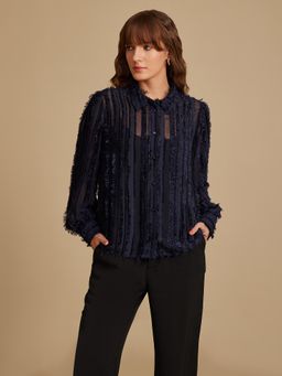 Kazo - Women Navy Blue Textured Regular Fit Casual Shirt