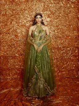 Nirmooha - Green Printed, Embroidered Anarkali With Dupatta (Set of 2)