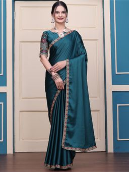 Nyri - Womens Embroidered Satin Saree with Unstitched Blouse