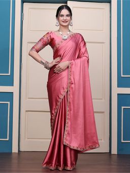 Nyri - Womens Embroidered Satin Saree with Unstitched Blouse