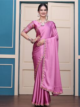 Nyri - Womens Embroidered Satin Saree with Unstitched Blouse