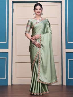 Nyri - Womens Embroidered Satin Saree with Unstitched Blouse