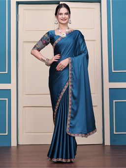 Nyri - Womens Embroidered Satin Saree with Unstitched Blouse