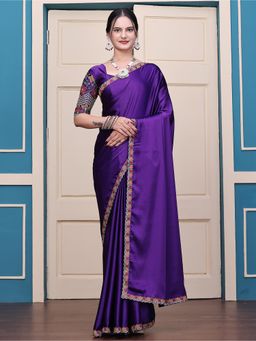 Nyri - Womens Embroidered Satin Saree with Unstitched Blouse