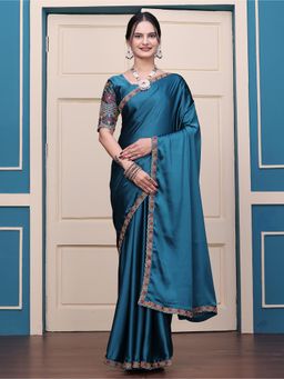 Nyri - Womens Embroidered Satin Saree with Unstitched Blouse