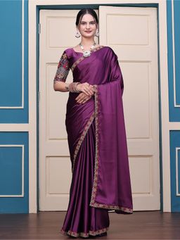 Nyri - Womens Embroidered Satin Saree with Unstitched Blouse
