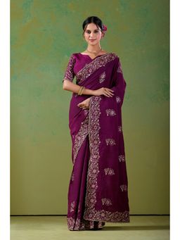 Nyri - Womens Embroidered Chiffon Saree with Unstitched Blouse