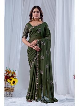 Nyri - Womens Embroidered Georgette Saree with Unstitched Blouse
