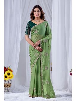 Nyri - Womens Embroidered Georgette Saree with Unstitched Blouse