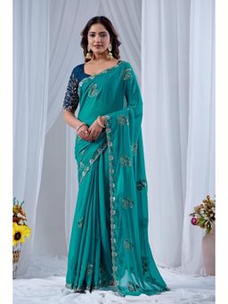 Nyri - Womens Embroidered Georgette Saree with Unstitched Blouse
