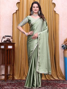 Nyri - Womens Embroidered Satin Saree with Unstitched Blouse