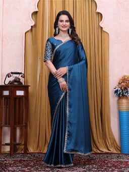 Nyri - Womens Embroidered Satin Saree with Unstitched Blouse