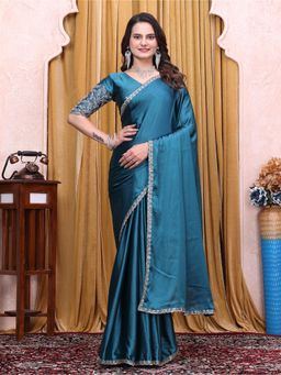 Nyri - Womens Embroidered Satin Saree with Unstitched Blouse