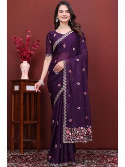 Nyri - Womens Embroidered Georgette Saree with Unstitched Blouse