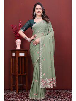 Nyri - Womens Embroidered Georgette Saree with Unstitched Blouse
