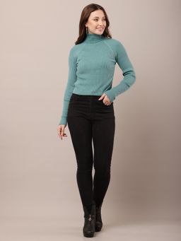 NOBARR - Women Cotton Raglan Full Sleeve with High-Neck Ribbed Sea Green Sweater