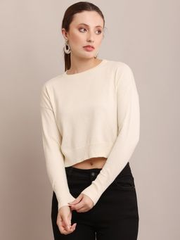 NOBARR - Women Viscose Full Sleeve Round Neck Crop Cream Sweater