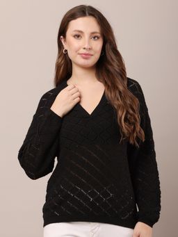 NOBARR - Women Cotton V-Neck with Full Sleeve Crochet Black Sweater