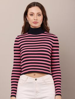 NOBARR - Women Viscose Full Sleeve with High-Neck Stripe Pink Sweater