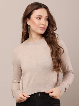 NOBARR - Women Cotton Full Sleeve with Round Neck Stretchable Crop Beige Sweater