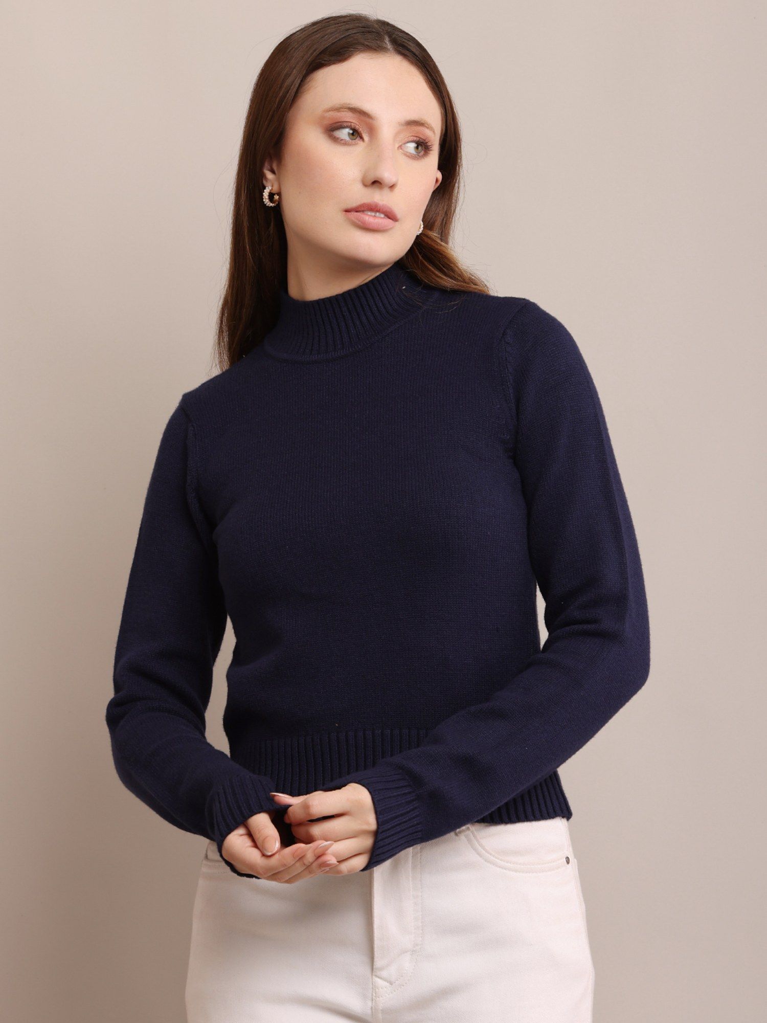 nobarr Women Acrylic Full Sleeve with Crew-Neck Ribbed Dark Blue Sweater-picture-36