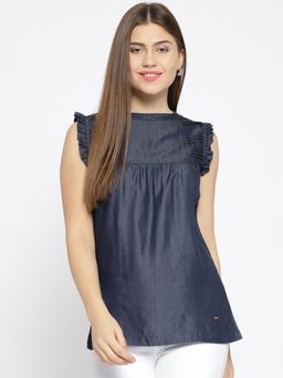 Xpose - Women Navy Blue Solid Denim A-line Pure Cotton Top