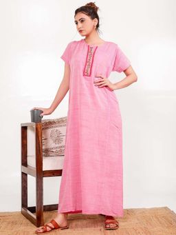 The Kaftan Company - Pink Embroidered Regular Nightdress