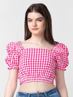 Spykar - Women Fuchsia Pink Cotton Checked Crop Top