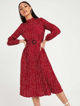Styli - Red Long Sleeves High Neck Polka Dot Print A-line Midi Dress