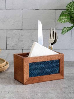VarEesha - Acacia Wood Blue Chatai Four Part Cutlery Cum Tissue Holder
