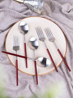 VarEesha - Radiant Red Handle Matt Steel Cutlery Set of Twelve - Spoons & Forks