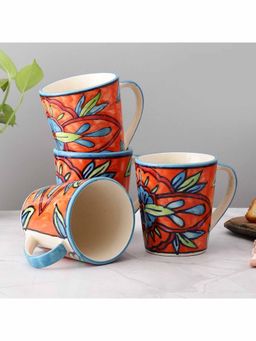 VarEesha - Hand Painted Floral Orange Ceramic Mugs Set of Four